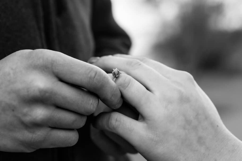 black and white engagement ring photo, colorado springs colorado engagement photoshoot